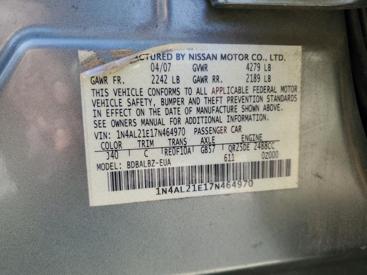 Lot #3309631053 2007 NISSAN ALTIMA 2.5