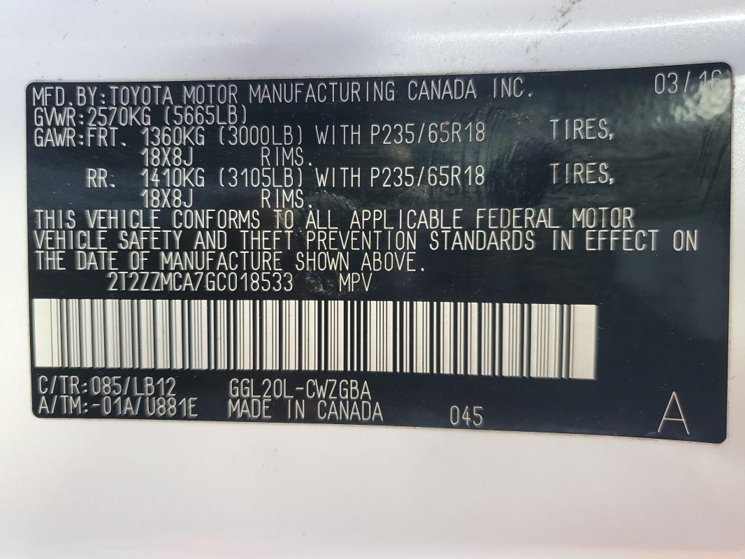 2016 LEXUS RX 350 2T2ZZMCA7GC018533