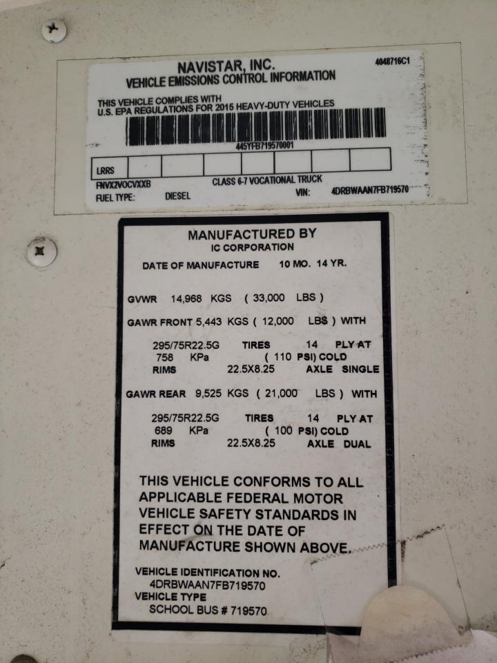 Lot #3271671370 2015 IC CORPORATION RE SERIES SCHOOL