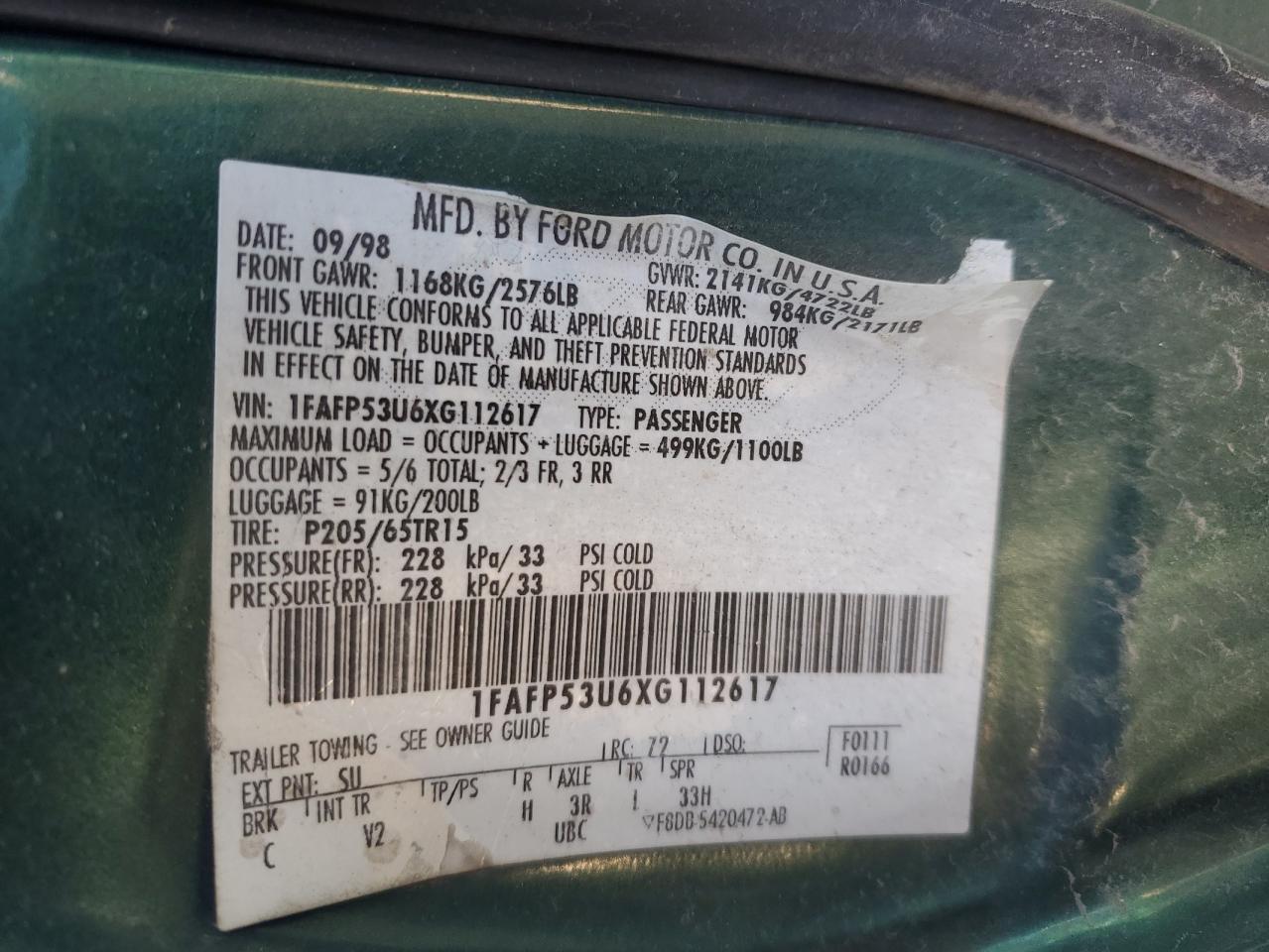 Lot #3282722284 1999 FORD TAURUS SE