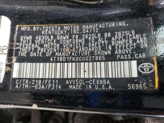2012 TOYOTA CAMRY HYBR #3274655890