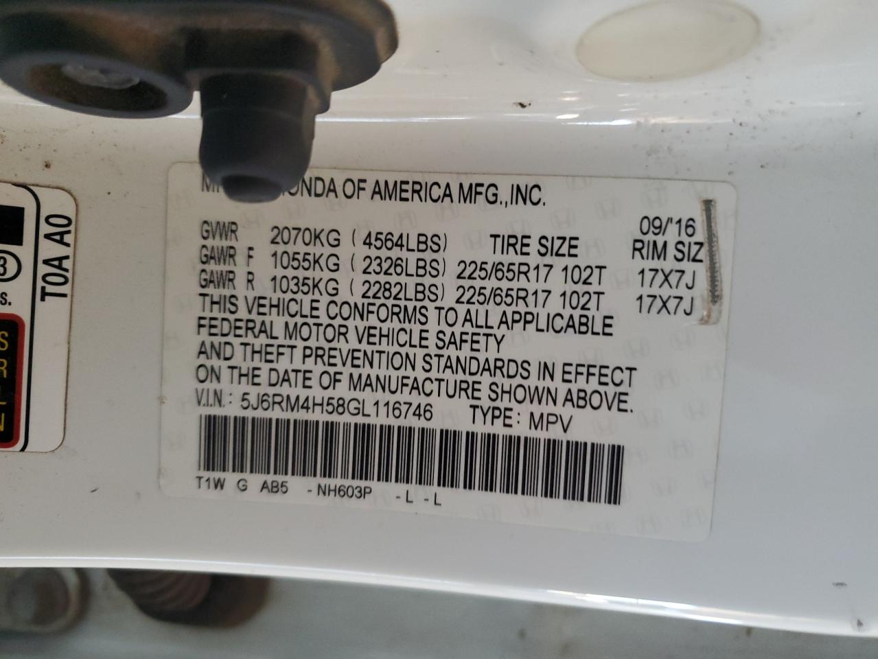 Lot #3305319307 2016 HONDA CR-V EX