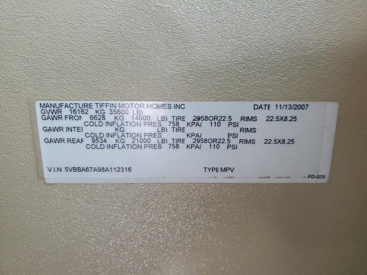 Lot #3290234207 2008 TIFFIN MOTORHOMES INC ALLEGRO BU