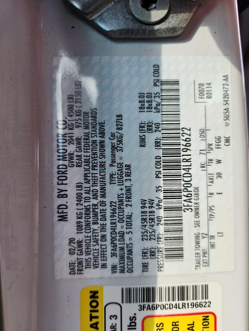 2020 FORD FUSION SEL 3FA6P0CD4LR196622