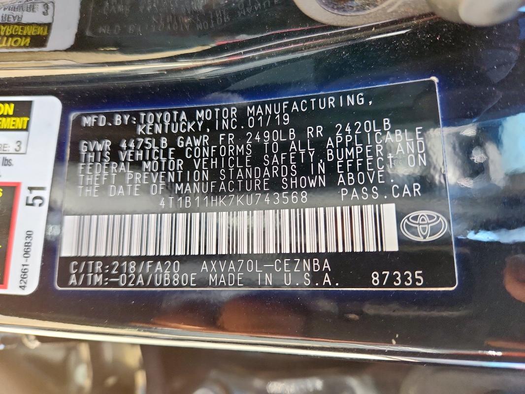 2019 TOYOTA CAMRY L - 4T1B11HK7KU743568