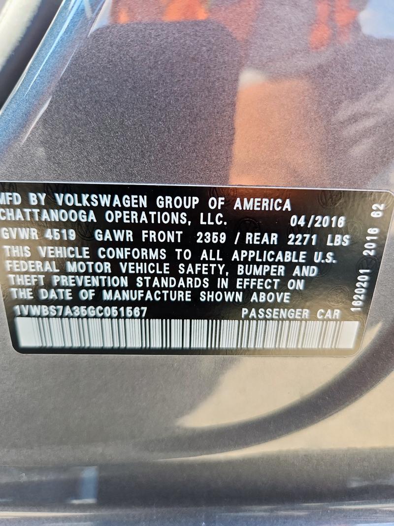 2016 VOLKSWAGEN PASSAT SE 1VWBS7A35GC051567