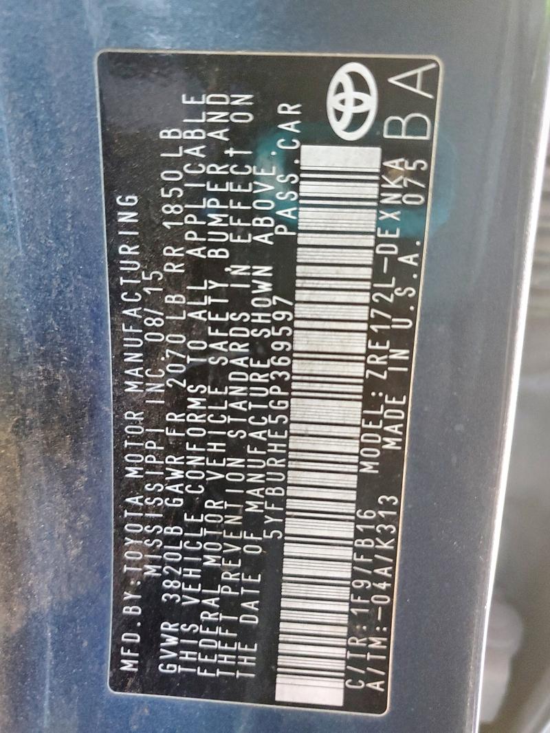 2016 TOYOTA COROLLA L - 5YFBURHE5GP369597