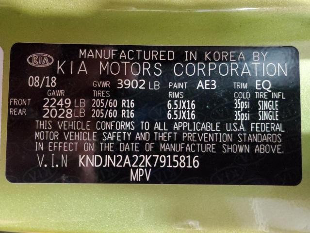 2019 KIA SOUL KNDJN2A22K7915816