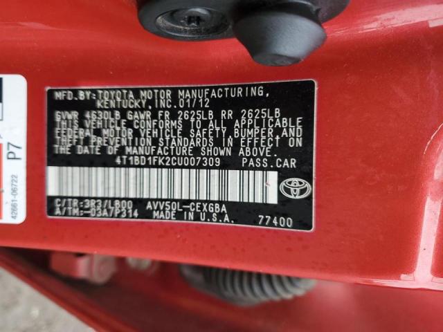 2012 TOYOTA CAMRY HYBR - 4T1BD1FK2CU007309