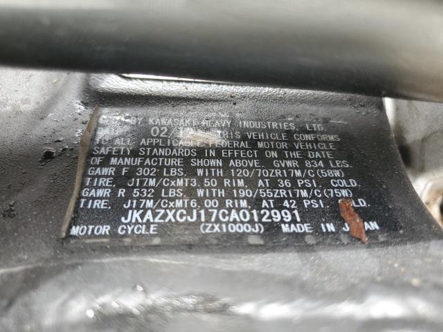 2012 KAWASAKI ZX1000 J JKAZXCJ17CA012991