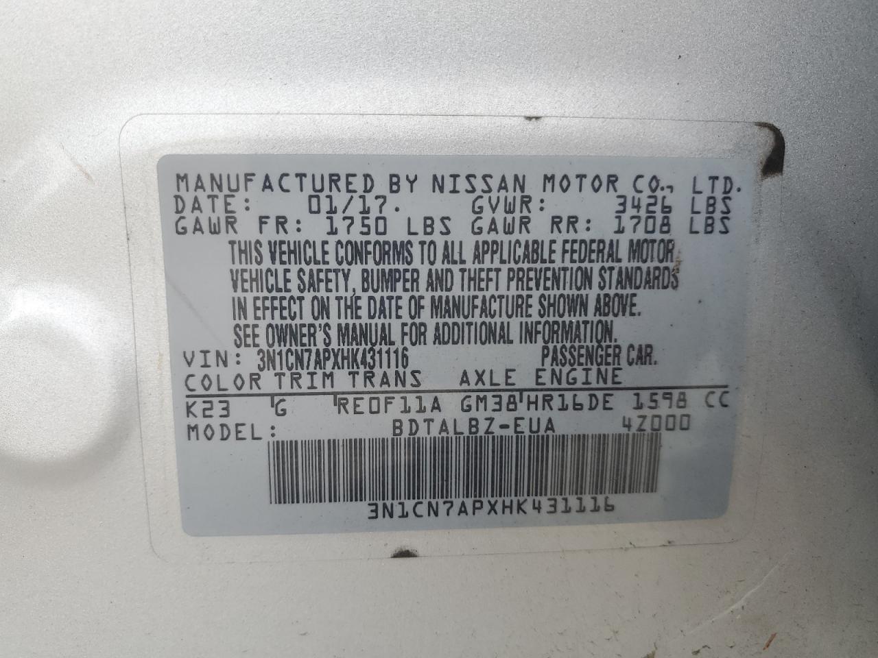 Lot #3309486639 2017 NISSAN VERSA S