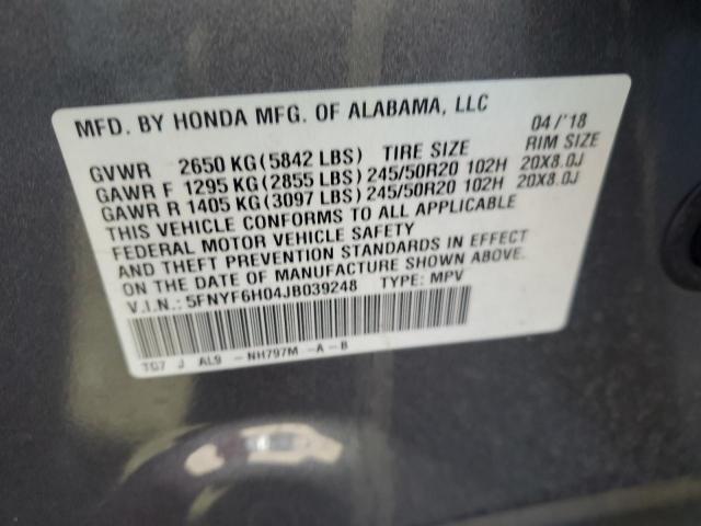 2018 HONDA PILOT ELITE 5FNYF6H04JB039248