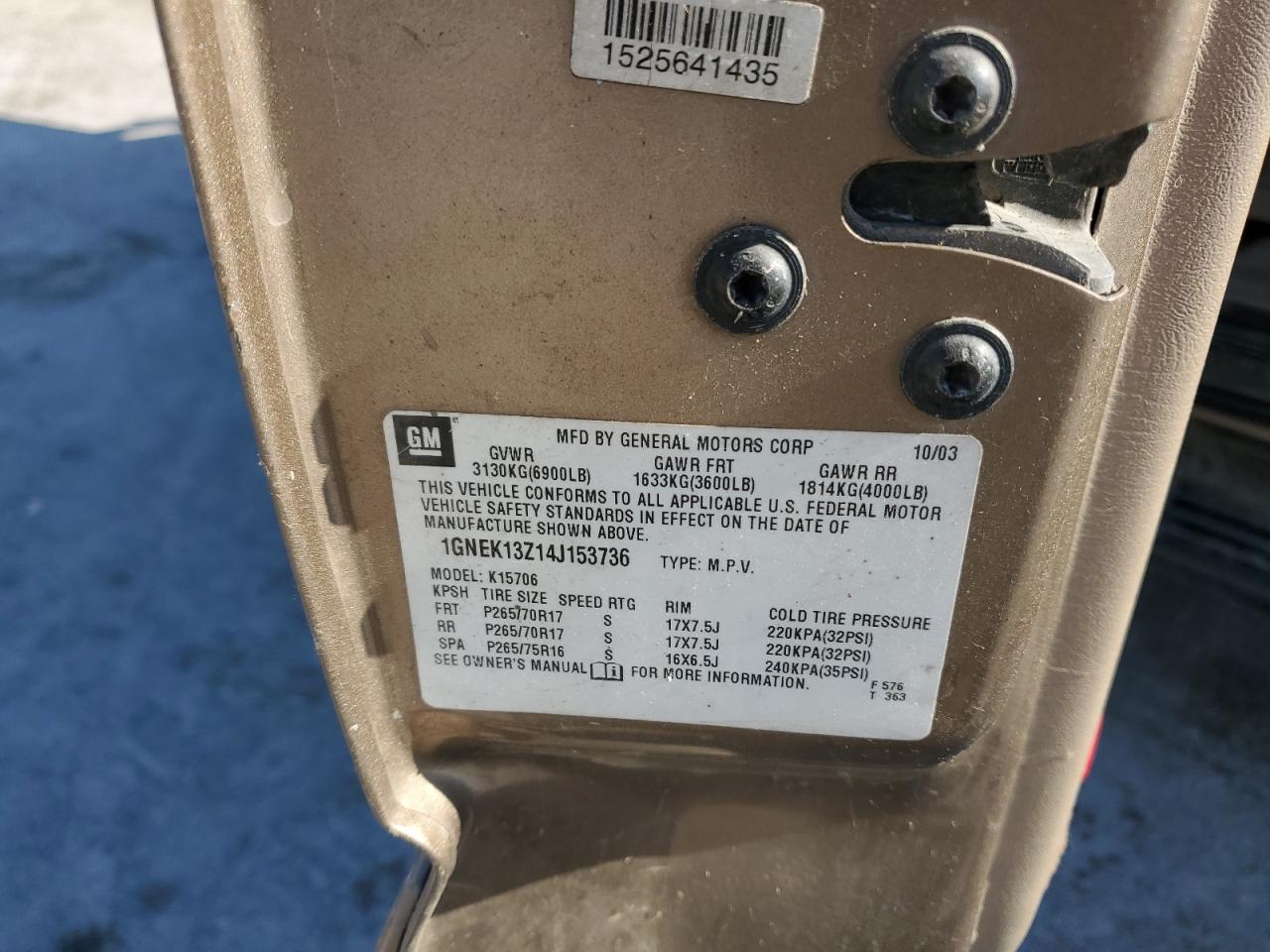 Lot #3280524130 2004 CHEVROLET TAHOE K150