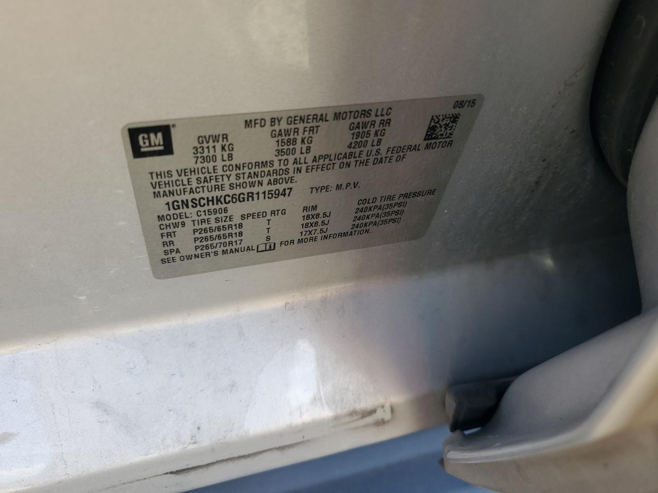 Lot #3316066272 2016 CHEVROLET SUBURBAN C