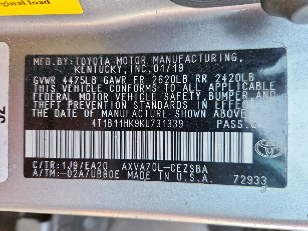 2019 TOYOTA CAMRY L - 4T1B11HK9KU731339