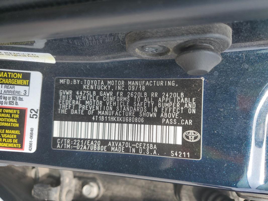 2019 TOYOTA CAMRY L - 4T1B11HKXKU680806