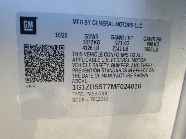 2021 CHEVROLET MALIBU LT - 1G1ZD5ST7MF024016