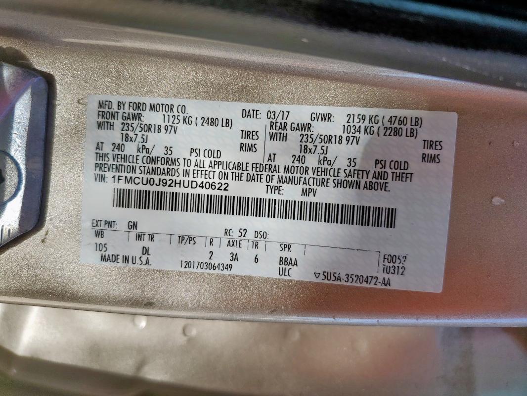 2017 FORD ESCAPE TIT - 1FMCU0J92HUD40622