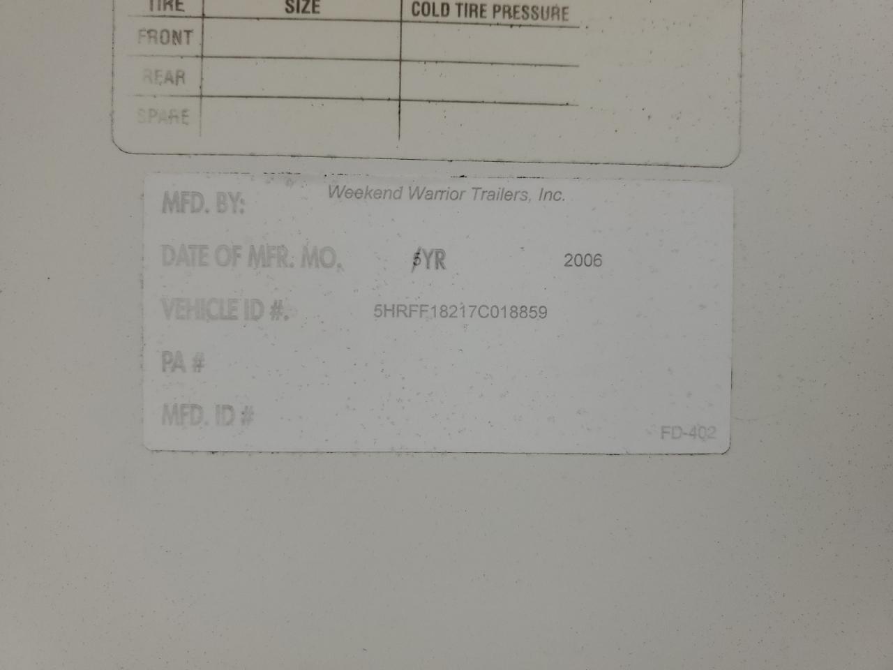 Lot #3316760422 2007 WEEKEND WARRIOR TRAVEL TRA