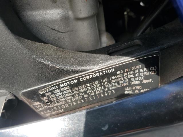 2007 SUZUKI GSX-R750 JS1GR7KAX72114423