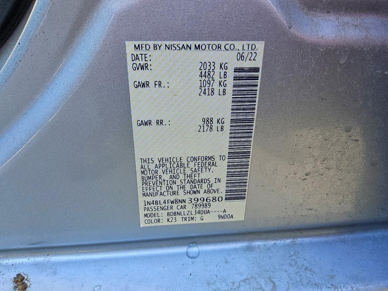 Lot #3303670927 2022 NISSAN ALTIMA PLA