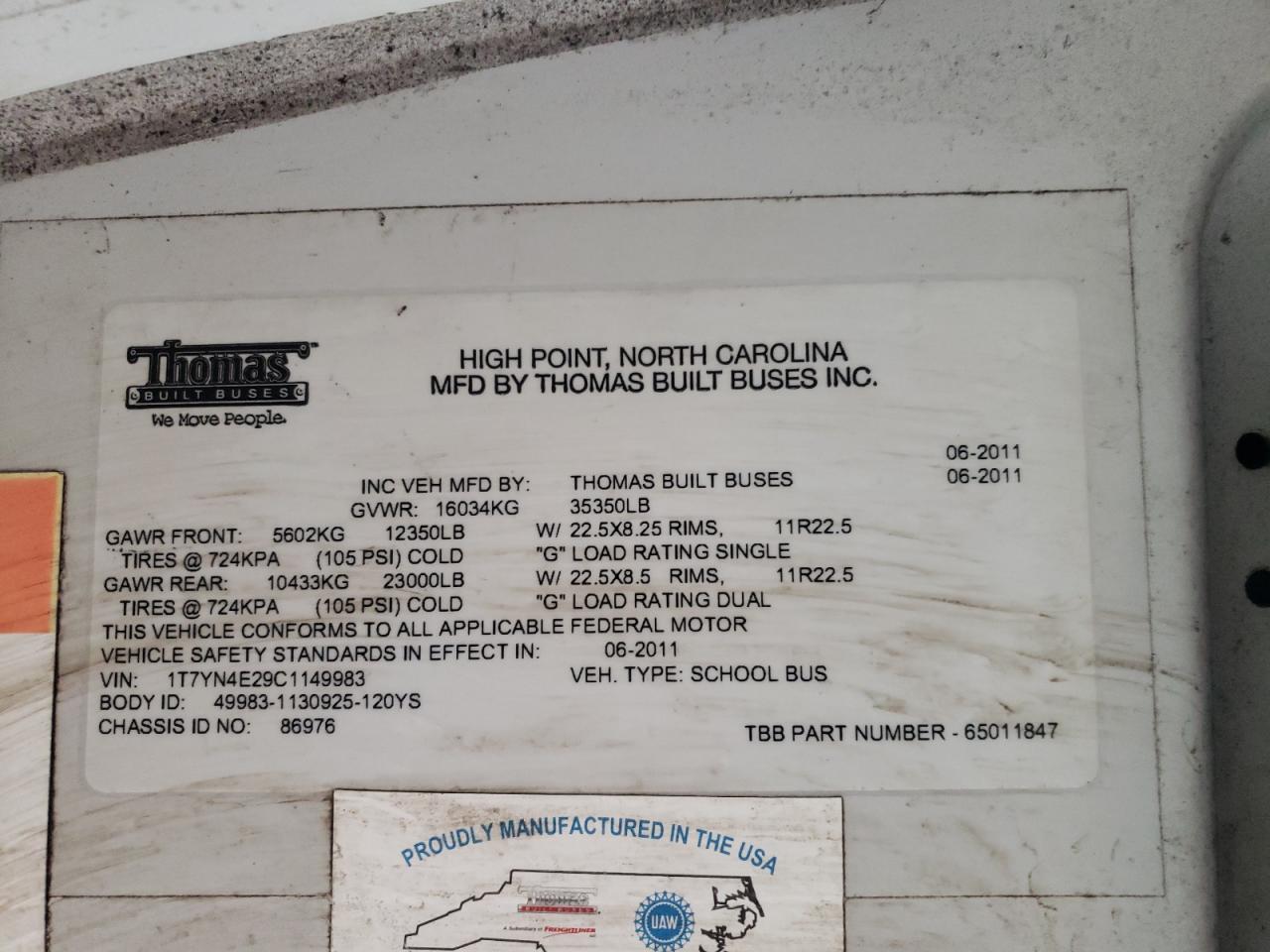 Lot #3278639964 2012 THOMAS SAF-T-LINER HDX