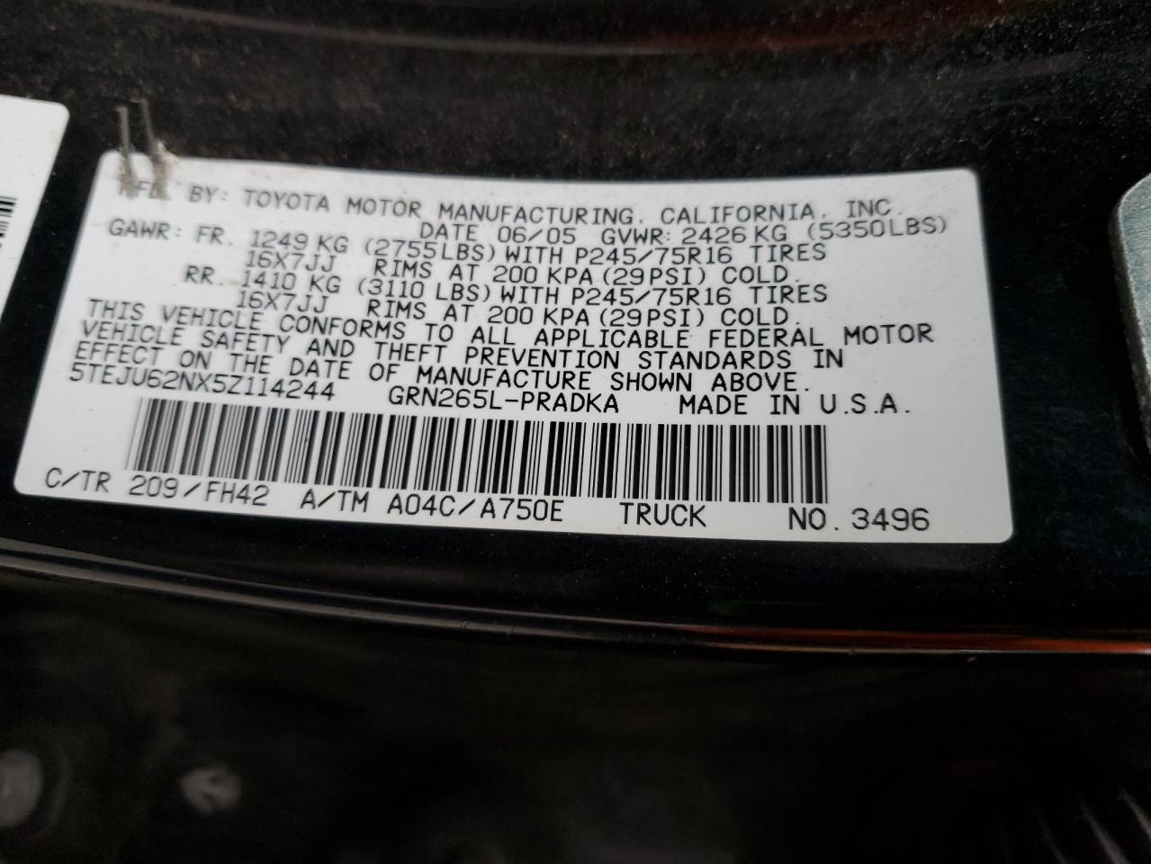 Lot #3287686019 2005 TOYOTA TACOMA DOU