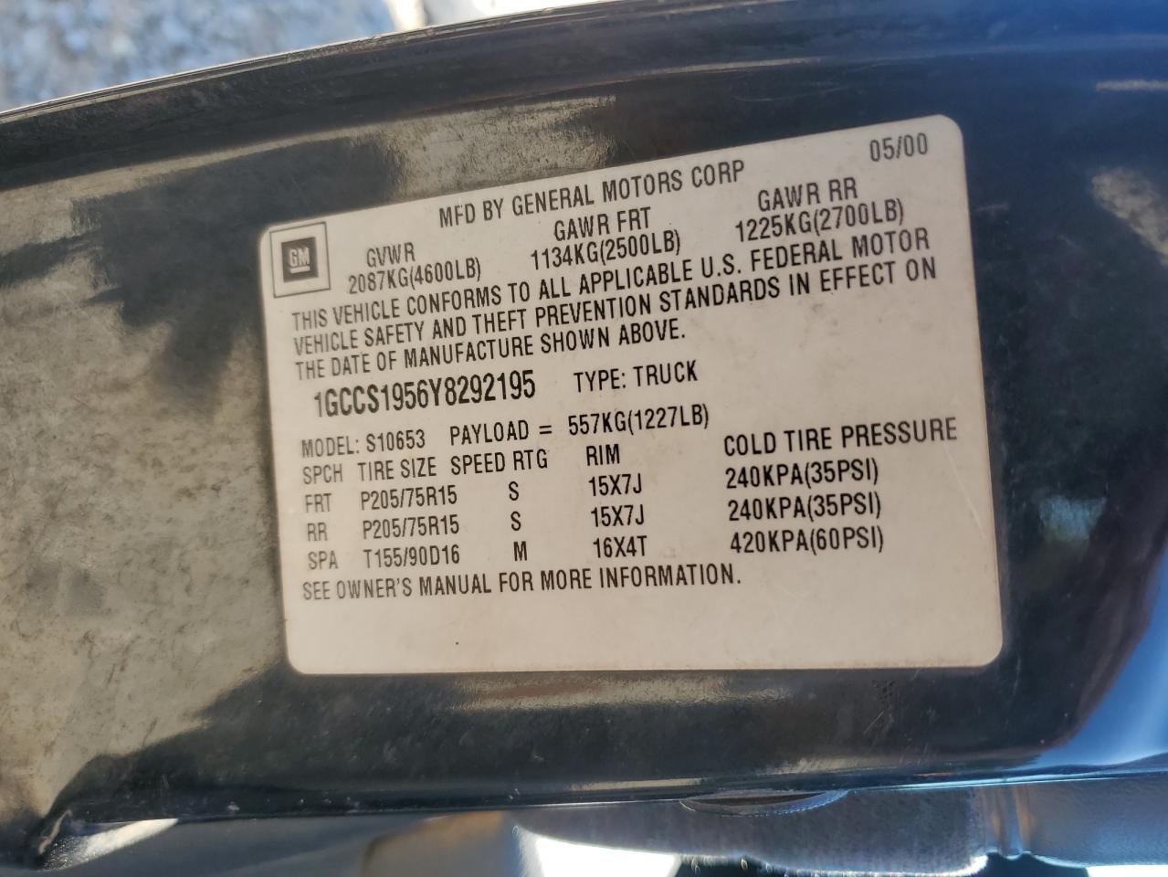 Lot #3290223208 2000 CHEVROLET S TRUCK S1