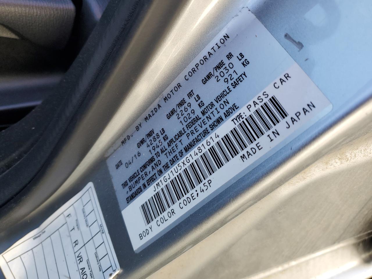 Lot #3317794106 2016 MAZDA 6 SPORT