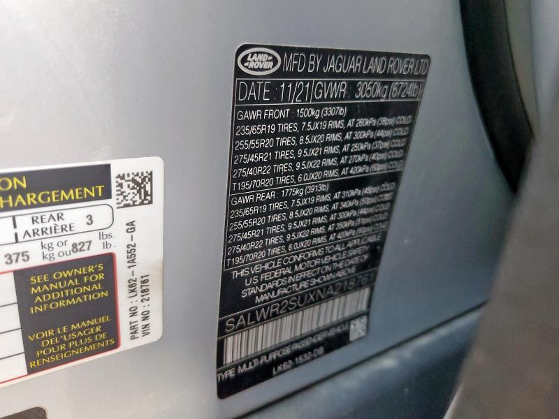 2022 LAND ROVER RANGE ROVE SALWR2SUXNA218761