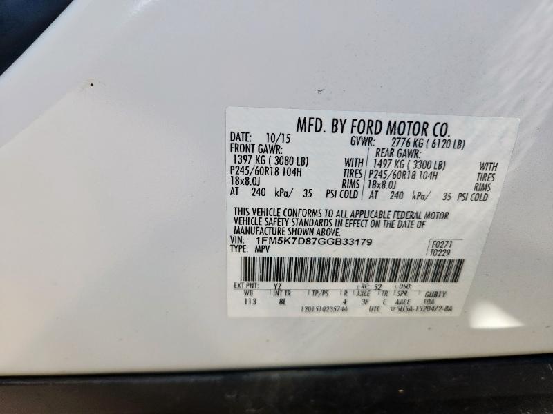 2016 FORD EXPLOR XLT 1FM5K7D87GGB33179