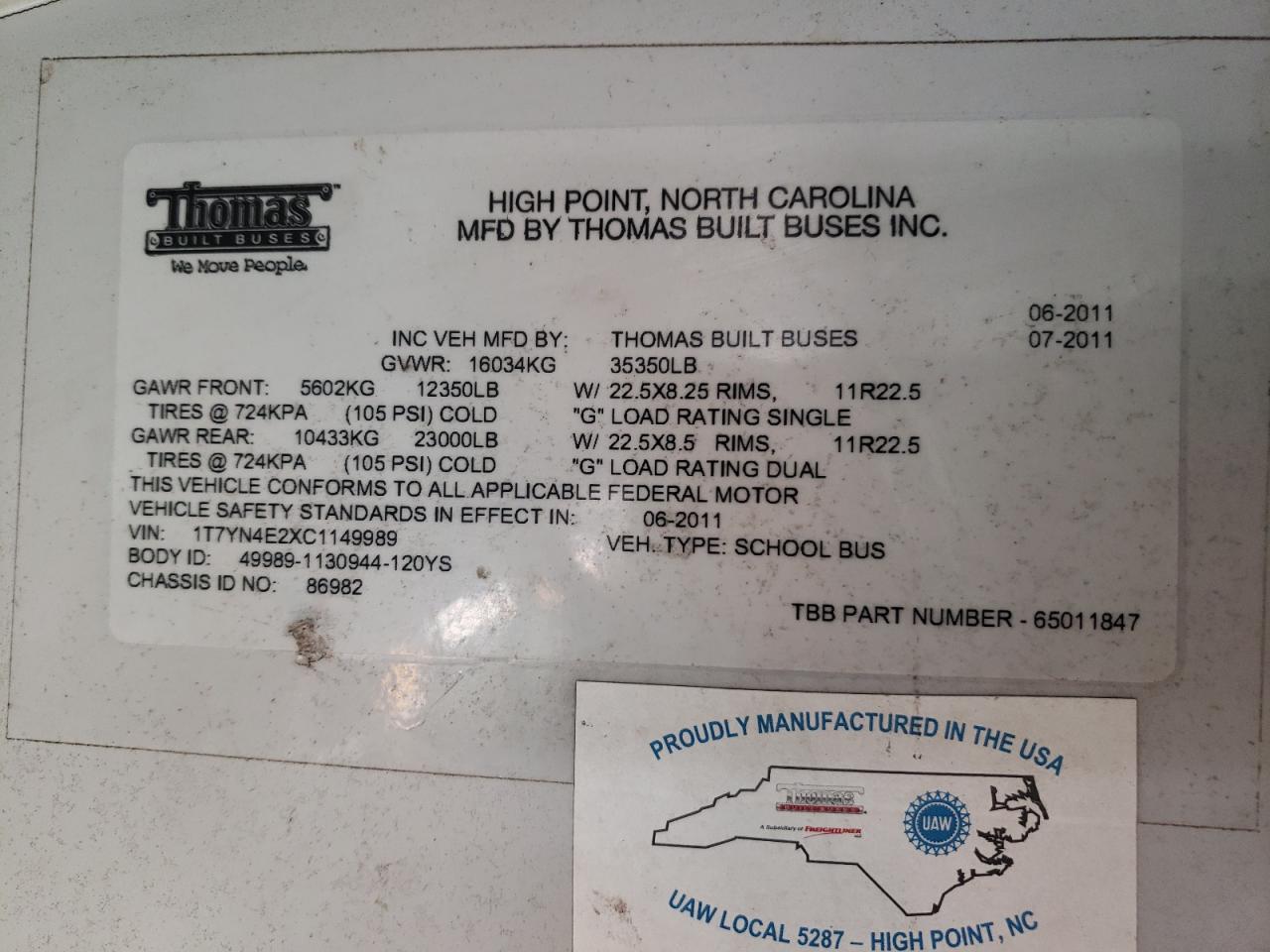 Lot #3278639965 2012 THOMAS SAF-T-LINER HDX