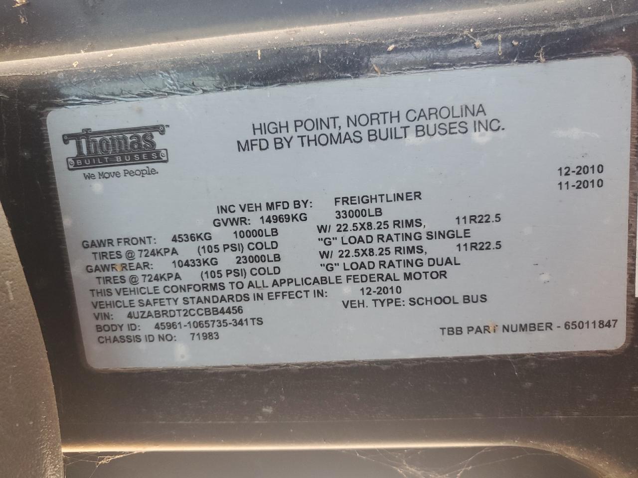 Lot #3273801372 2012 THOMAS SAF-T-LINER C2