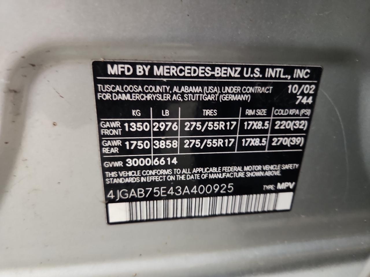 Lot #3316022779 2003 MERCEDES-BENZ ML 500