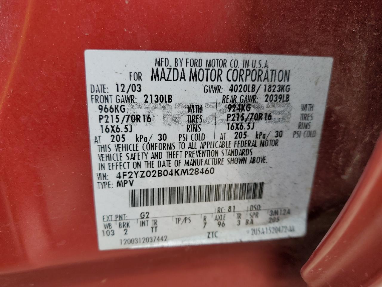 Lot #3277051188 2004 MAZDA TRIBUTE DX