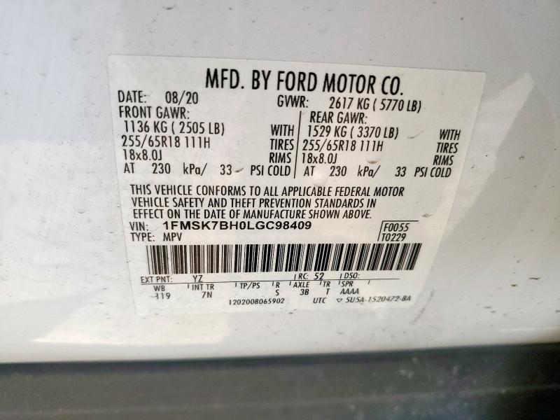 2020 FORD EXPLORER 1FMSK7BH0LGC98409