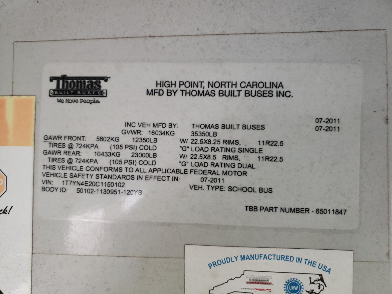 Lot #3273815361 2012 THOMAS SAF-T-LINER HDX