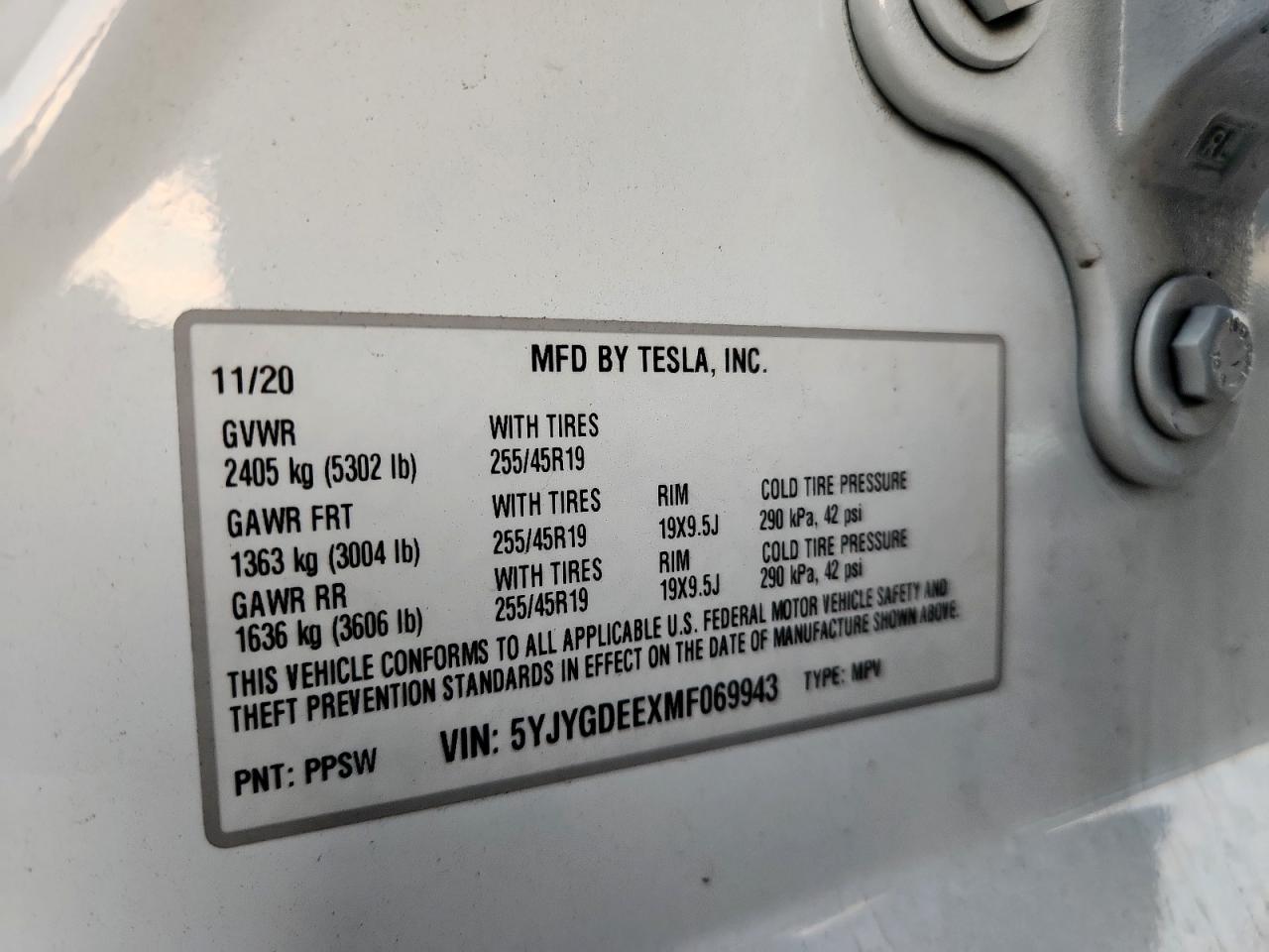 Lot #3305610724 2021 TESLA MODEL Y