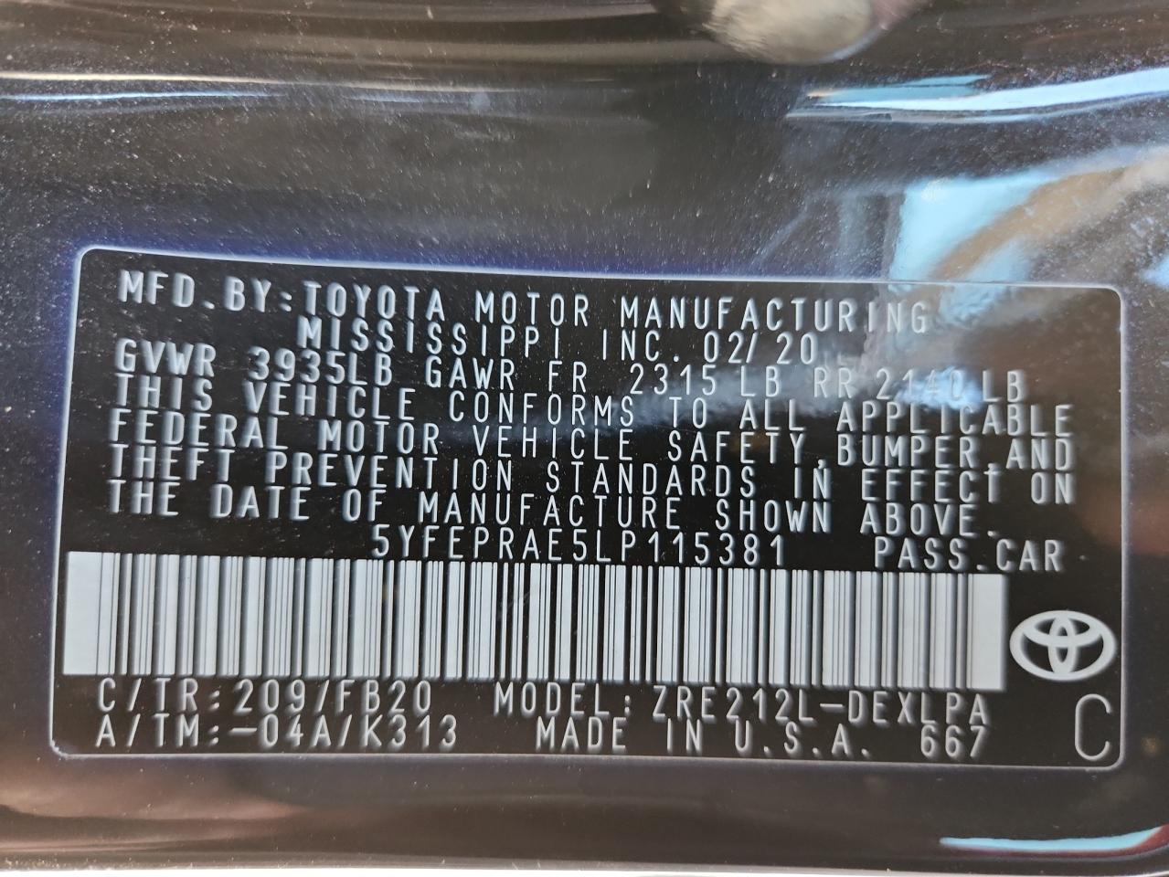 Lot #3302151131 2020 TOYOTA COROLLA LE