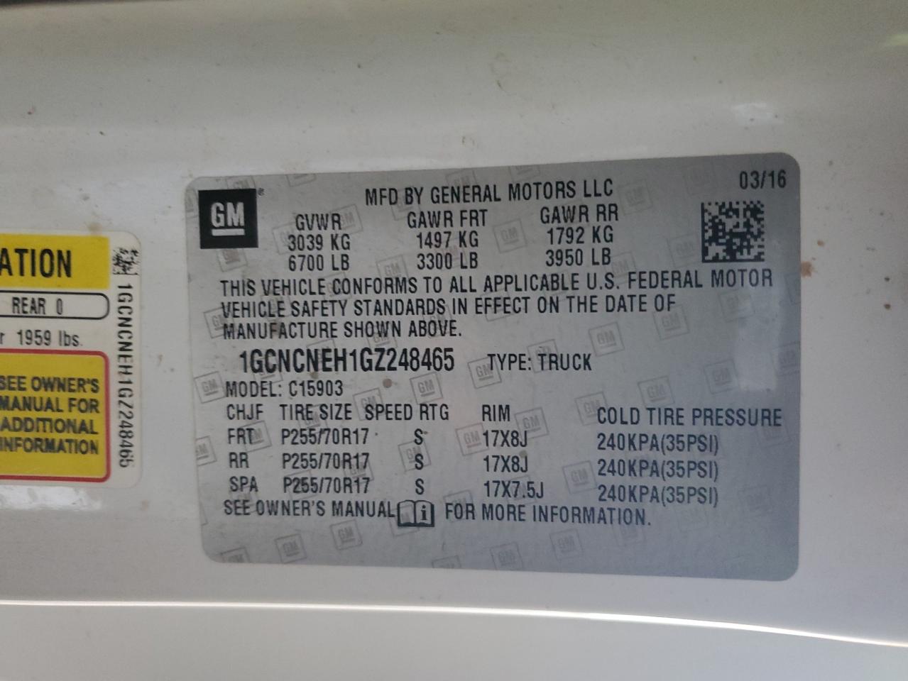 Lot #3283801436 2016 CHEV SILVERADO C1500