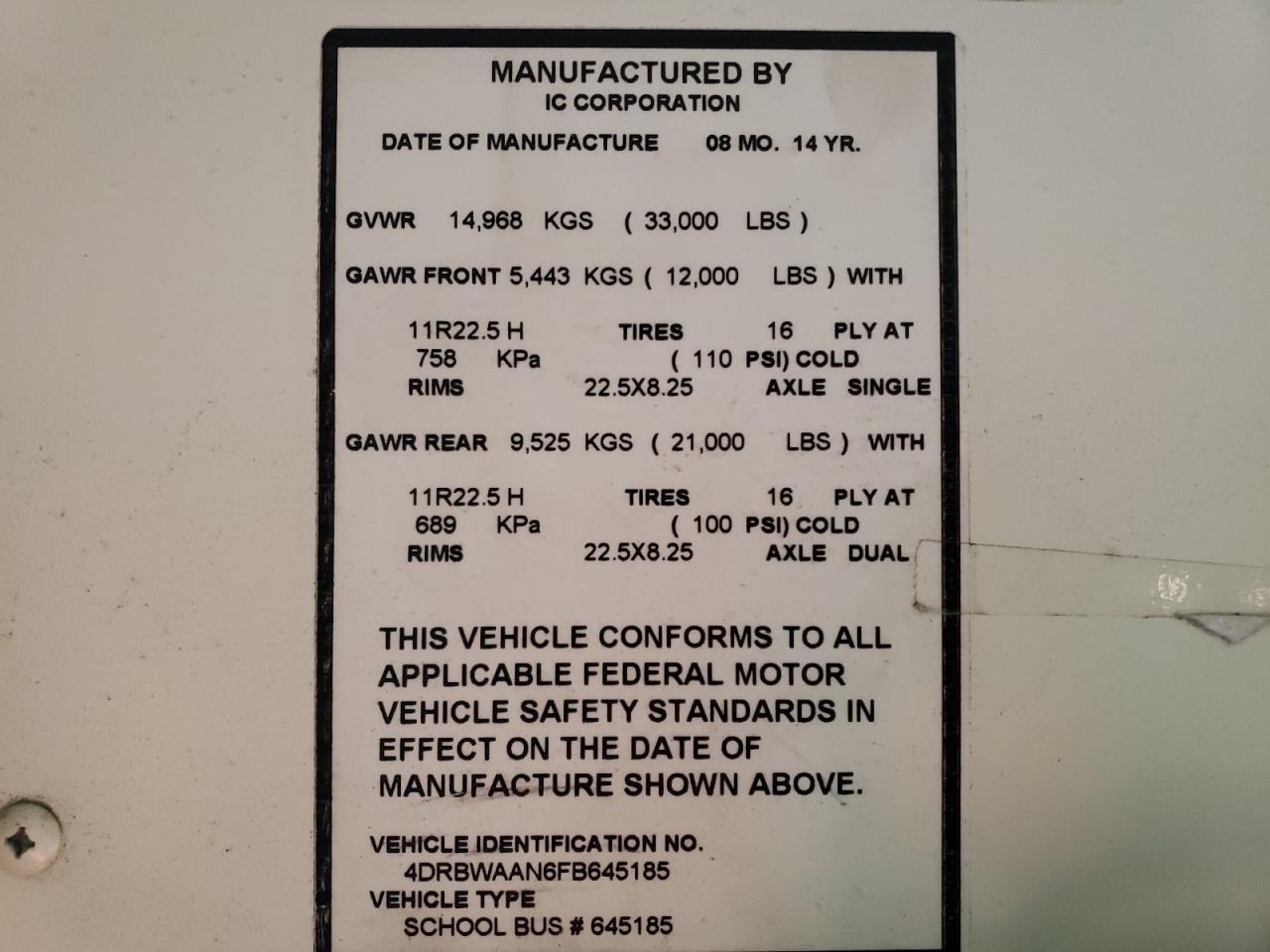Lot #3275430761 2015 IC CORPORATION RE SERIES SCHOOL
