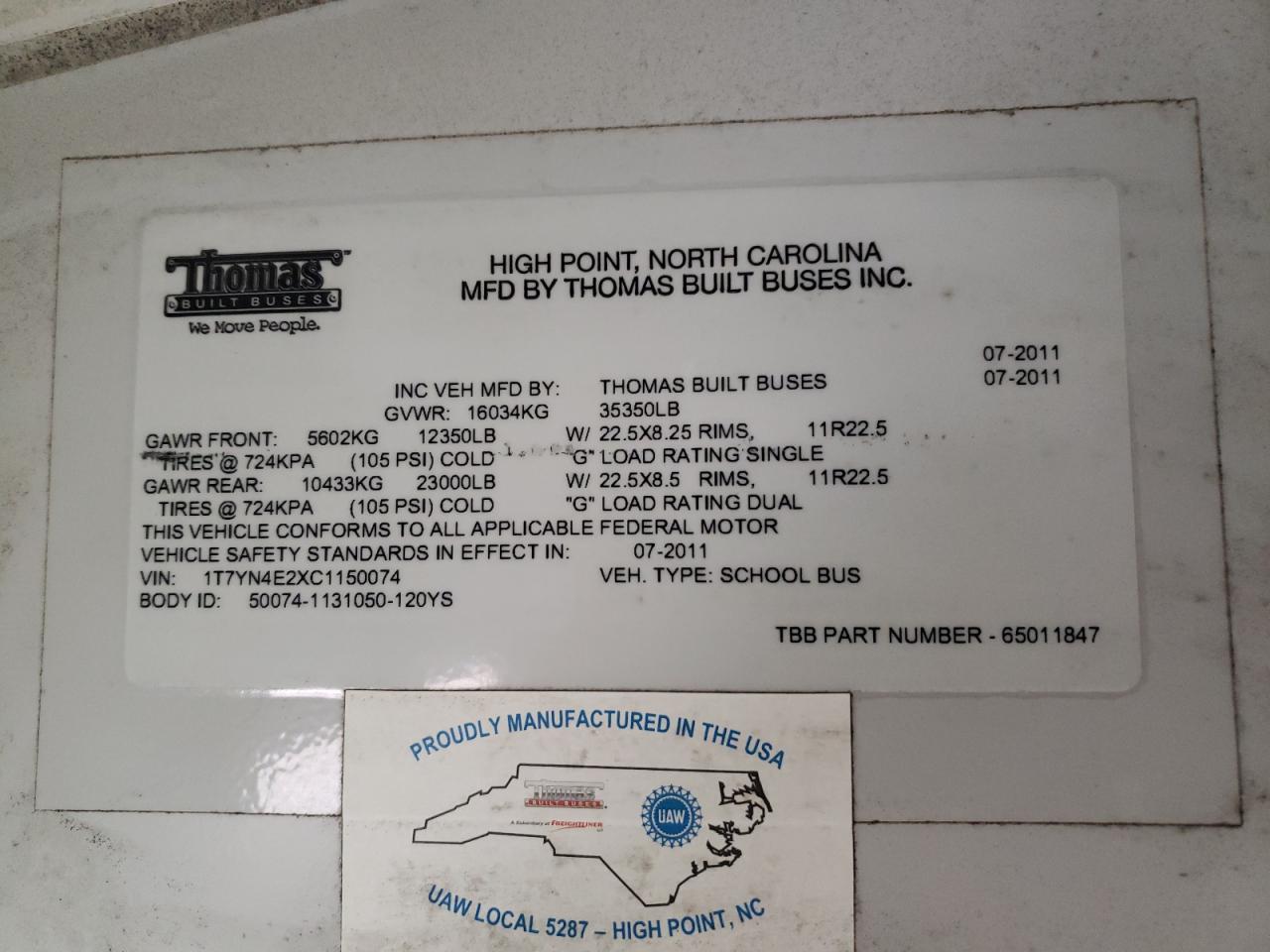 Lot #3278639966 2012 THOMAS SAF-T-LINER HDX