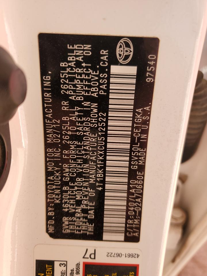 Lot #3311586860 2012 TOYOTA CAMRY SE