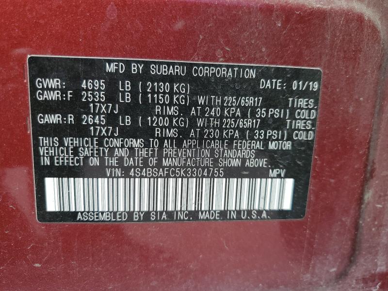 2019 SUBARU OUTBACK 2. 4S4BSAFC5K3304755