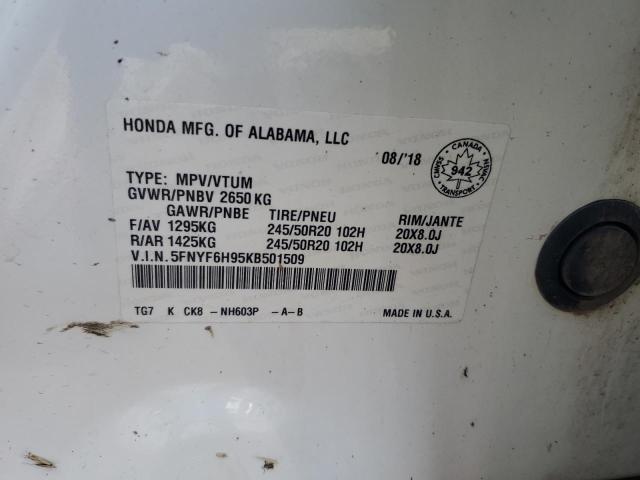 2019 HONDA PILOT TOUR 5FNYF6H95KB501509