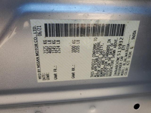 2021 NISSAN MAXIMA SV 1N4AA6CV7MC513932