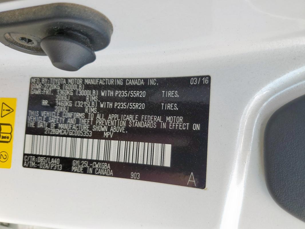 2016 LEXUS RX 450H BA 2T2BGMCA7GC005353