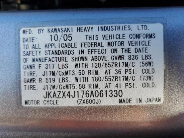 2006 KAWASAKI ZX600 J1 JKAZX4J176A061330