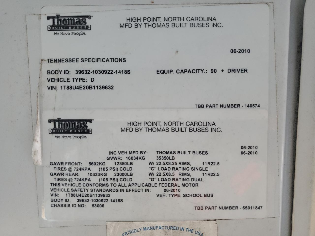 Lot #3285697653 2011 THOMAS SAF-T-LINER HDX