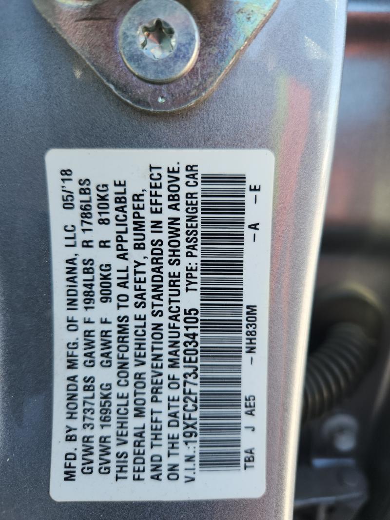 2018 HONDA CIVIC - 19XFC2F73JE034105